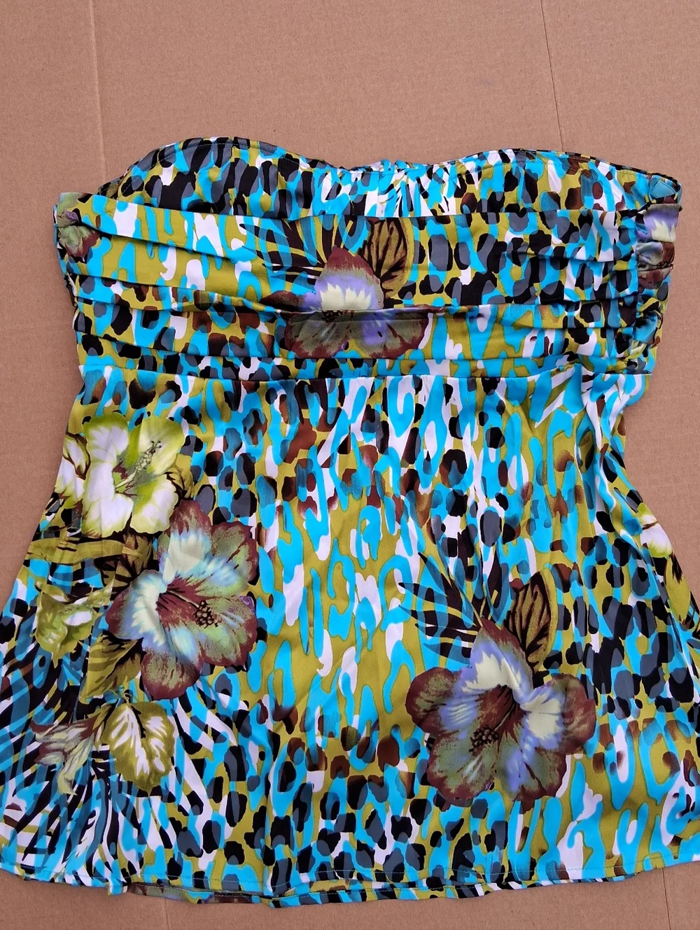 Cache Y2K Silk Halter Top XL Blue Floral Tropical Print Beaded Bust - Picture 2 of 4
